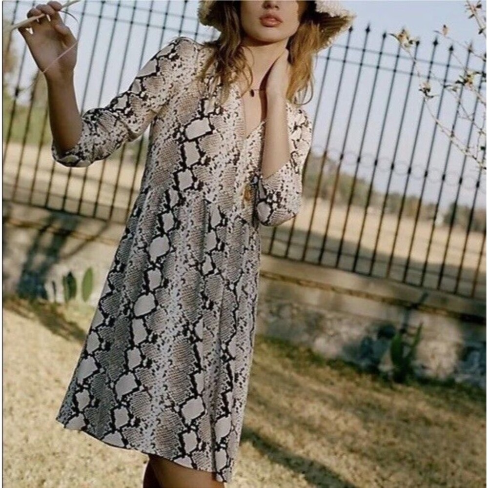 Maeve Womens S Snakeskin Print Juno 3/4 Sleeve Dress  V Neck Mini Indie Festival